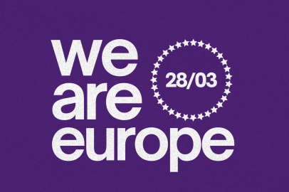 we are europe na fioletowym tle w kolorze volt, symbol protestu, 27 gwiazd w okręgu, data 28 marca