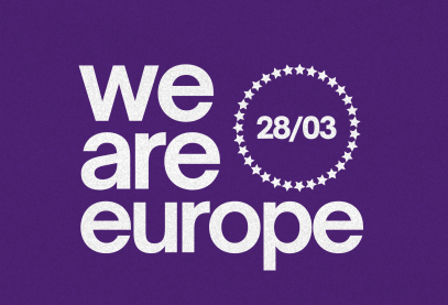 we are europe na fioletowym tle w kolorze volt, symbol protestu, 27 gwiazd w okręgu, data 28 marca