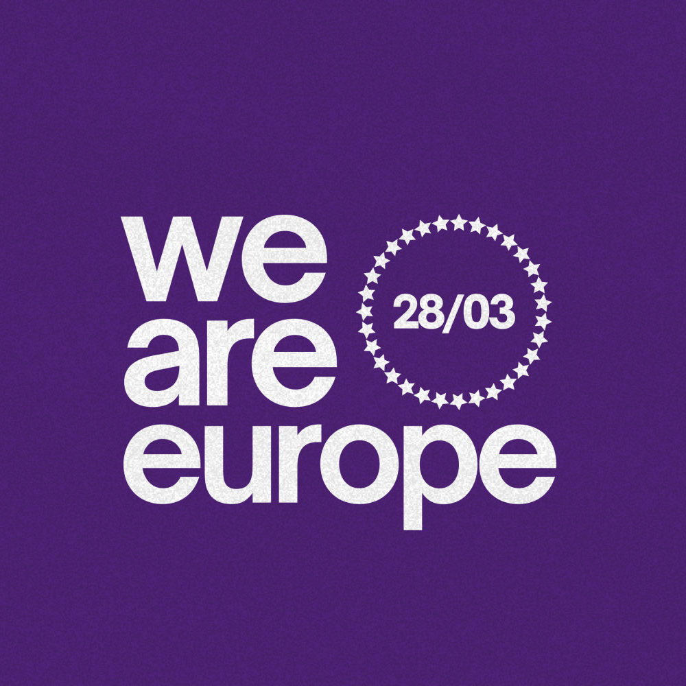 we are europe na fioletowym tle w kolorze volt, symbol protestu, 27 gwiazd w okręgu, data 28 marca