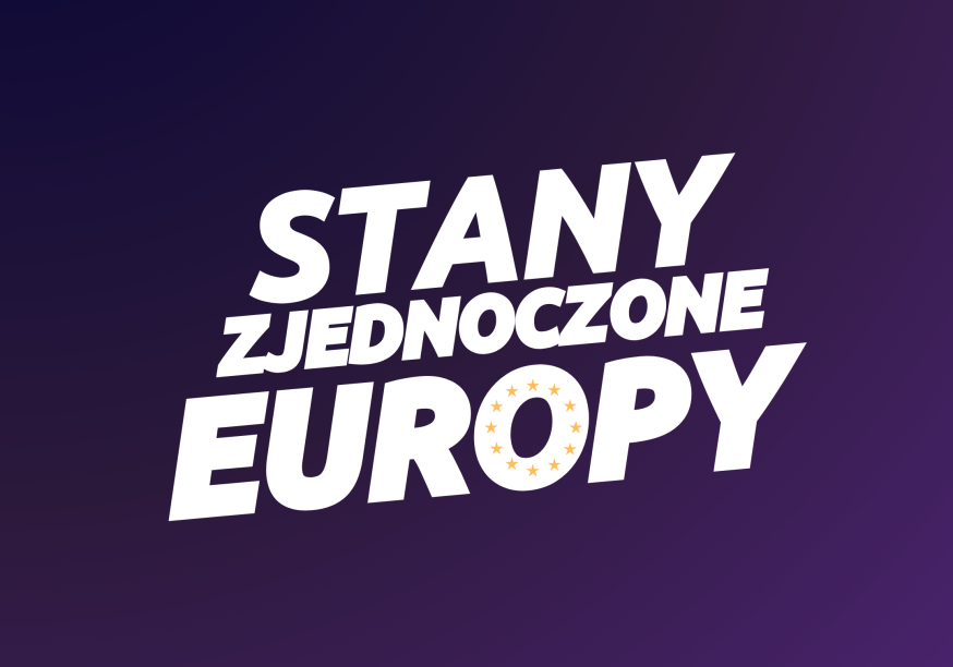 stylizowany napis STANY ZJEDNOCZONE EUROPY na fioletowym tle.